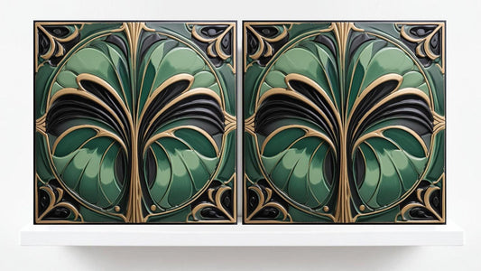 Art Deco Ceramic Tiles Green- Set of 2 Art Deco Wall Decor Geometric Tiles - Kitchen Backsplash Tiles,Table Decorative Tiles, Bathroom Tiles