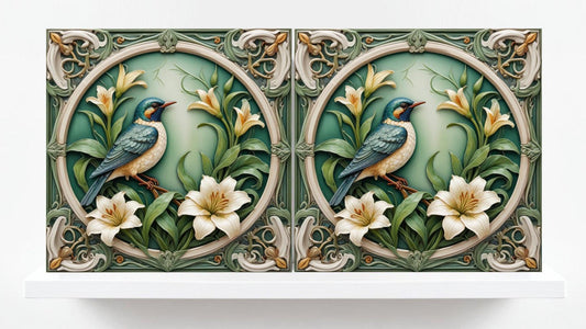 Art Nouveau Bird and Flower Ceramic tiles -Set of 2 Art Nouveau Bird Wall Decor Tiles,Bird Tiles -Kitchen Backsplash Tiles,Bathroom Tiles