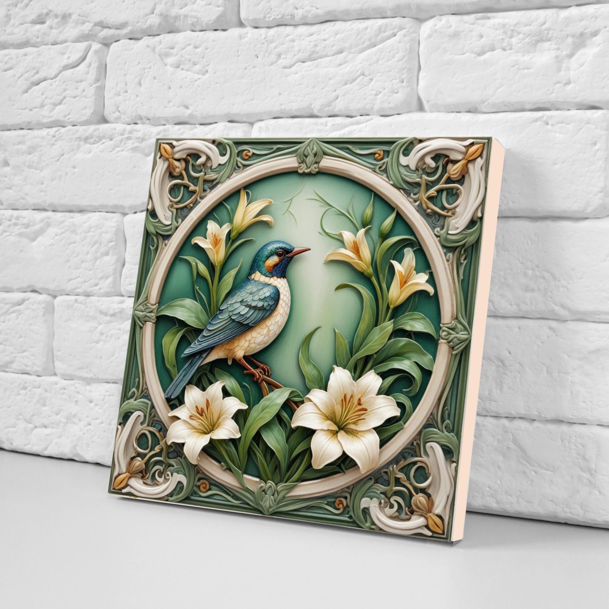 Art Nouveau Bird and Flower Ceramic tiles -Set of 2 Art Nouveau Bird Wall Decor Tiles,Bird Tiles -Kitchen Backsplash Tiles,Bathroom Tiles