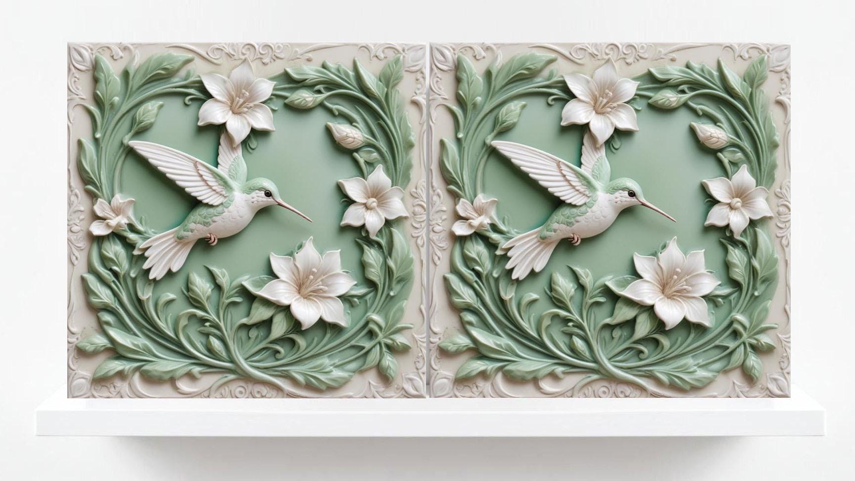 Art Nouveau Bird and Flower Ceramic tiles - Set of 2 Art Nouveau Bird Wall Decor Pastel Tiles Hummingbird Print Kitchen Backsplash, Bathroom