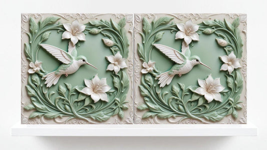 Art Nouveau Bird and Flower Ceramic tiles - Set of 2 Art Nouveau Bird Wall Decor Pastel Tiles Hummingbird Print Kitchen Backsplash, Bathroom