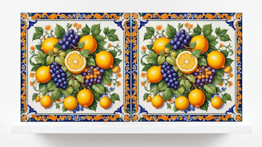 Italian Majolica Orange Fruit Tiles- Set of 2 Italian Wall Decor Tiles - Kitchen Backsplash Tiles, Shower Tiles, Bathroom Tiles, Coaster