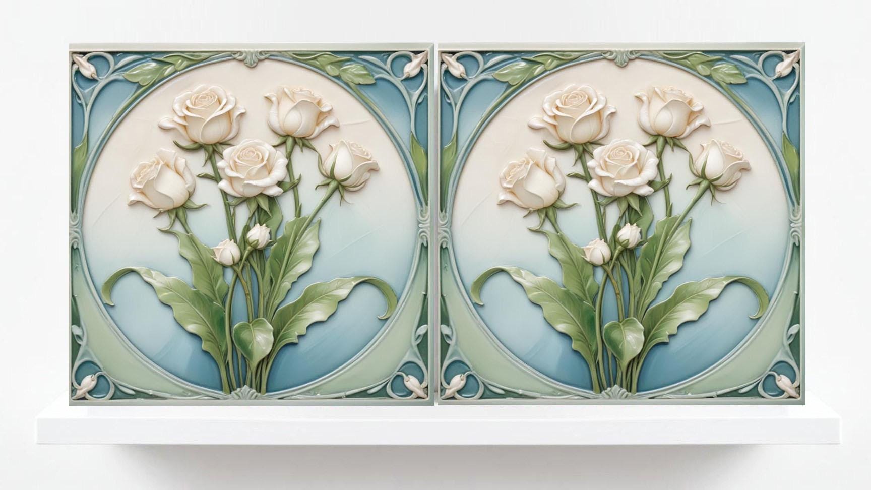 Rose Tile Ceramic tiles Art Nouveau Tiles - Set of 2 Art Nouveau Wall Decor Roses Tiles - Kitchen Backsplash Tiles, Shower Wall Tile