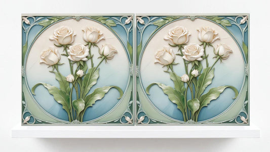 Rose Tile Ceramic tiles Art Nouveau Tiles - Set of 2 Art Nouveau Wall Decor Roses Tiles - Kitchen Backsplash Tiles, Shower Wall Tile