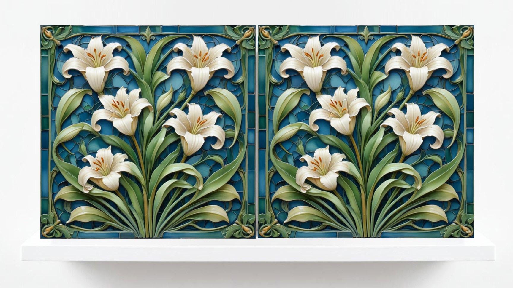 Art Nouveau Flower Ceramic tiles - Set of 2 Art Nouveau Wall Decor Tiles - Kitchen Backsplash Tiles, Table Decorative Tiles, Bathroom Tiles