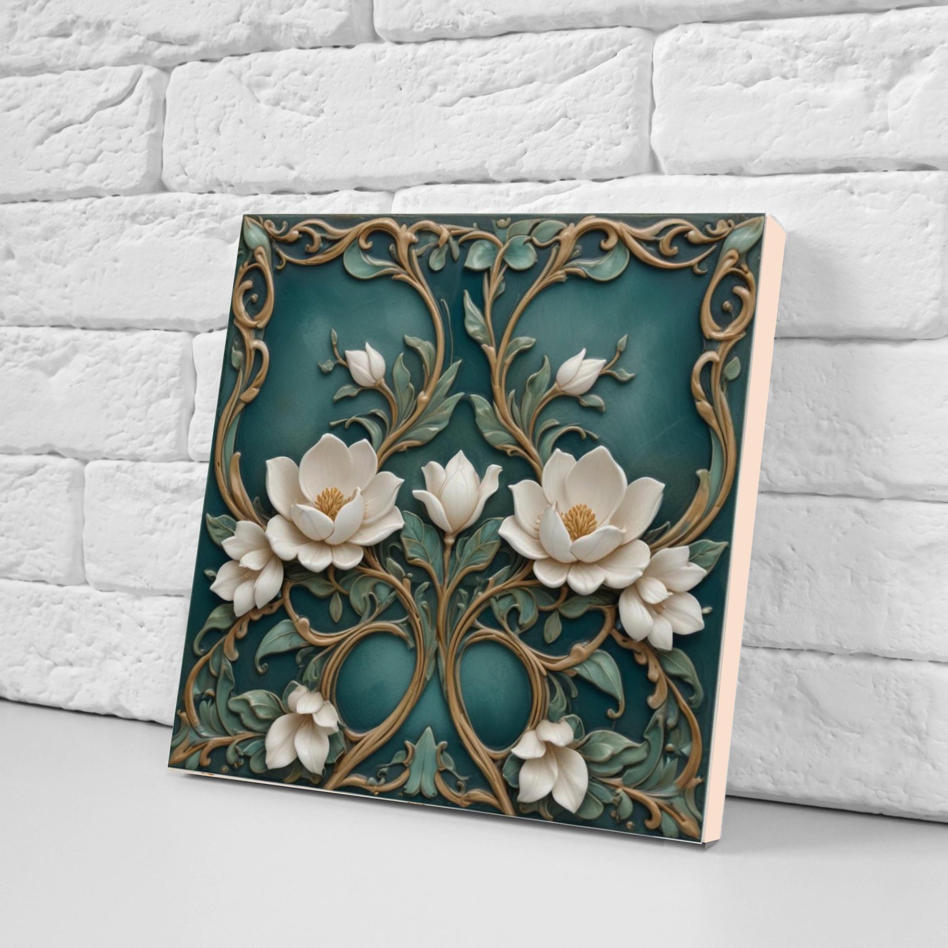 Lotus Tile Green Art Nouveau Tiles Flower Ceramic Tiles -Set of 2 Floral Wall Decor Tiles -Kitchen Backsplash,Shower,Bathroom,Sink,Fireplace