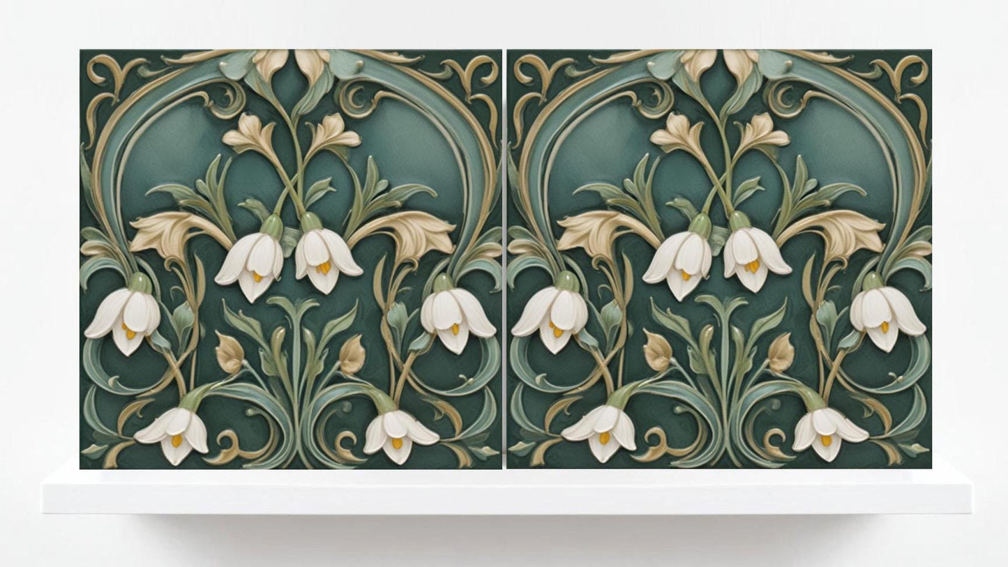 Lily of The Valley Tile Green Art Nouveau Tiles Flower Print Ceramic Tiles - Set of 2 Art Nouveau Wall Decor - Kitchen Backsplash, Bathroom