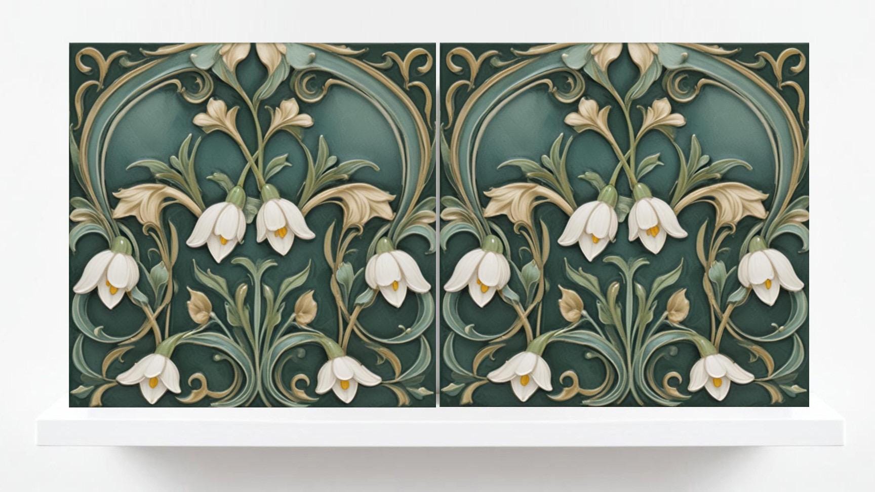 Lily of The Valley Tile Green Art Nouveau Tiles Flower Print Ceramic Tiles - Set of 2 Art Nouveau Wall Decor - Kitchen Backsplash, Bathroom