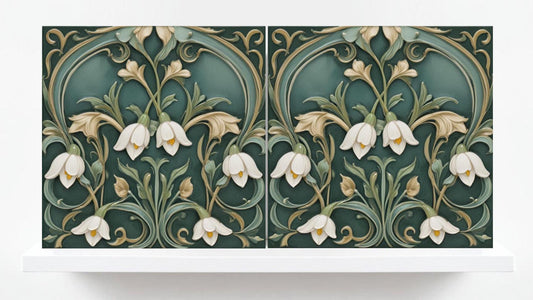 Lily of The Valley Tile Green Art Nouveau Tiles Flower Print Ceramic Tiles - Set of 2 Art Nouveau Wall Decor - Kitchen Backsplash, Bathroom