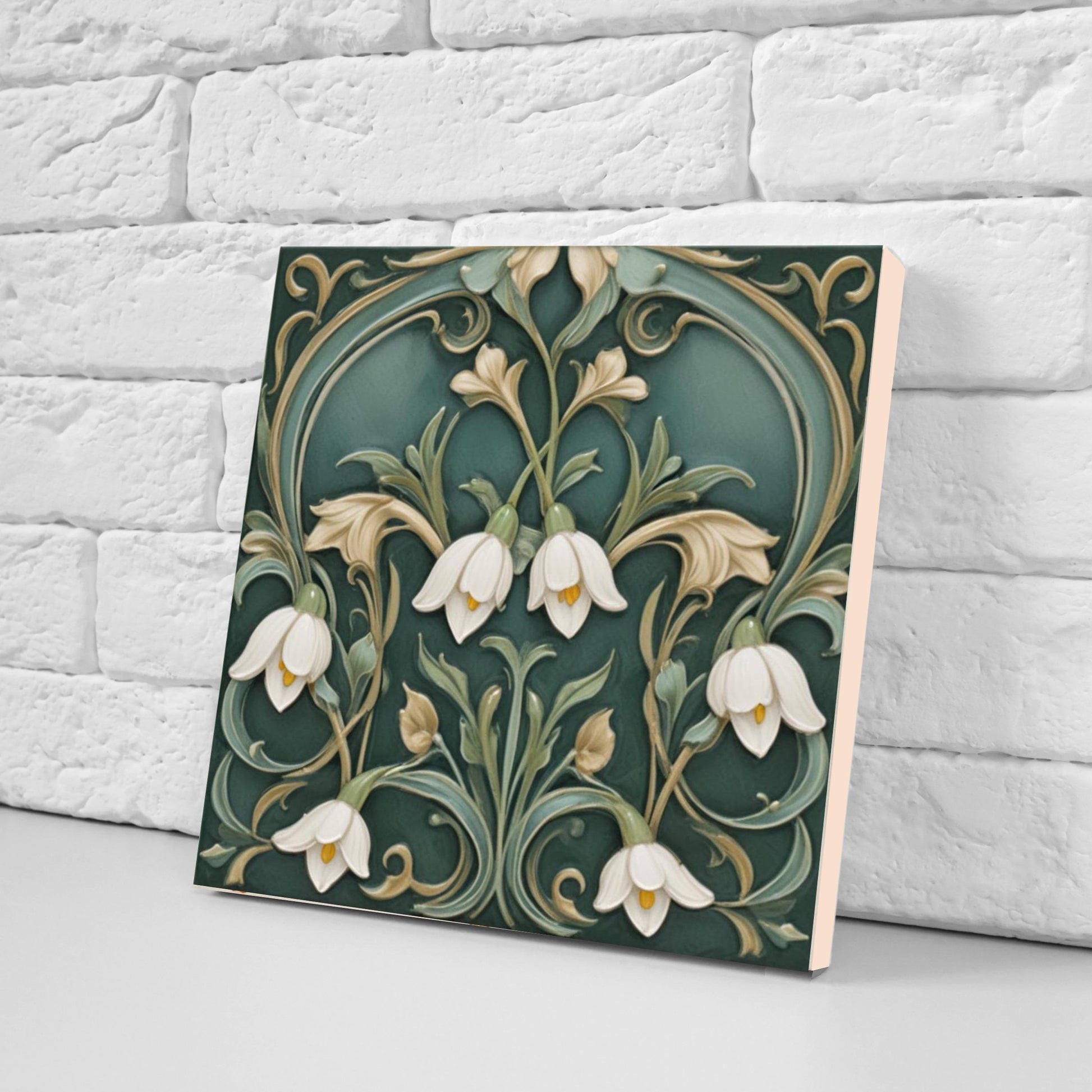 Lily of The Valley Tile Green Art Nouveau Tiles Flower Print Ceramic Tiles - Set of 2 Art Nouveau Wall Decor - Kitchen Backsplash, Bathroom