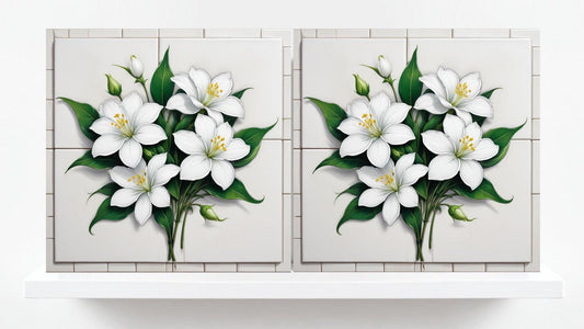 Jasmine Tile Flower Ceramic tiles-Set of 2 Wall Decor Tiles -Botanical Print,Kitchen Backsplash Tiles,Bathroom Shower Decor,Sink Splashback