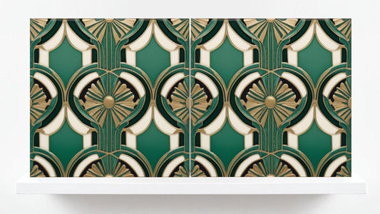 Art Deco Ceramic Tiles Green- Set of 2 Art Deco Wall Decor Geometric Tiles - Kitchen Backsplash Tiles,Table Decorative Tiles, Bathroom Tiles