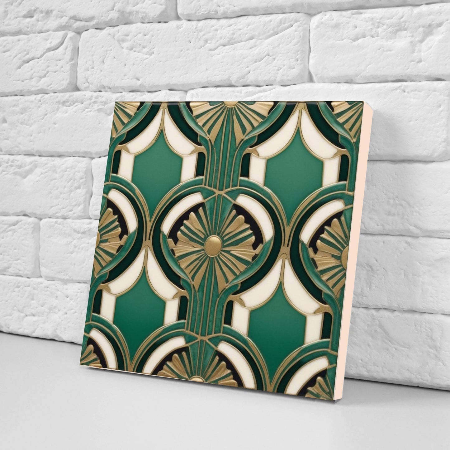 Art Deco Ceramic Tiles Green- Set of 2 Art Deco Wall Decor Geometric Tiles - Kitchen Backsplash Tiles,Table Decorative Tiles, Bathroom Tiles