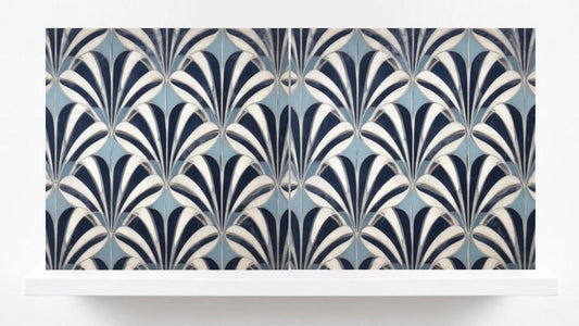 Art Deco Ceramic Tiles Blue - Set of 2 Art Deco Wall Decor Geometric Tiles - Kitchen Backsplash Tiles, Shower Wall Tiles, Bathroom Tiles