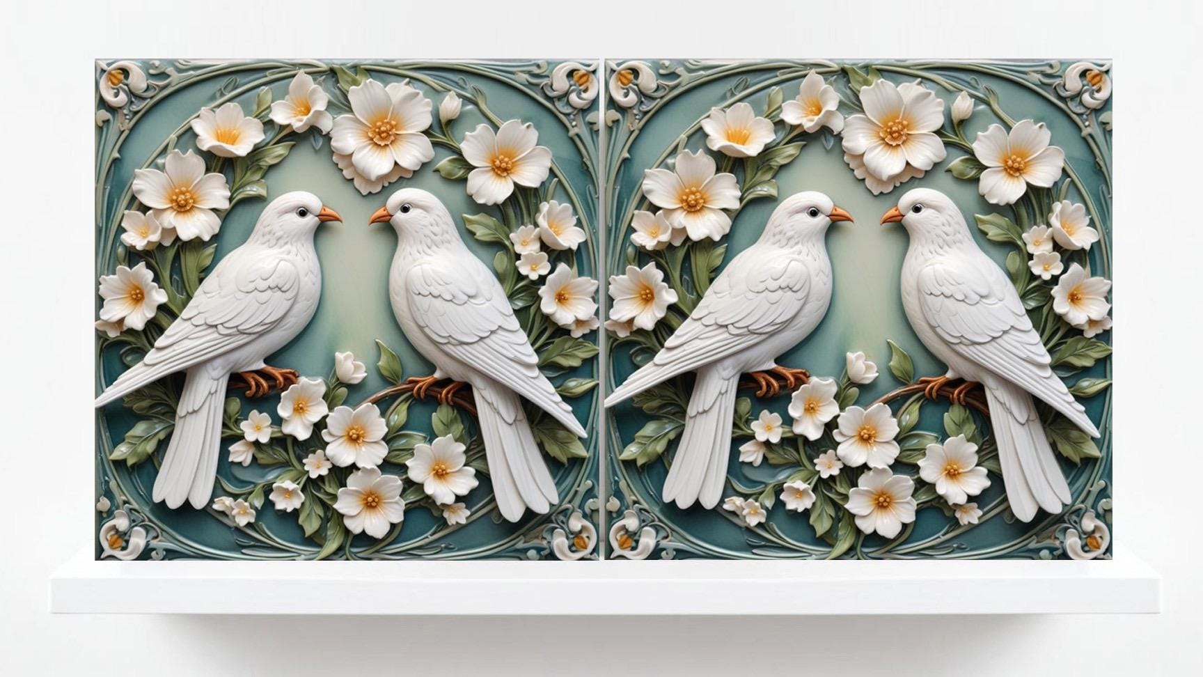 Art Nouveau Bird and Flower Ceramic tiles -Set of 2 Green Art Nouveau Tiles Bird Wall Decor,Bird Tiles -Kitchen Backsplash ,Bathroom,Sink