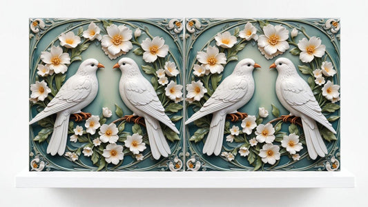 Art Nouveau Bird and Flower Ceramic tiles -Set of 2 Green Art Nouveau Tiles Bird Wall Decor,Bird Tiles -Kitchen Backsplash ,Bathroom,Sink