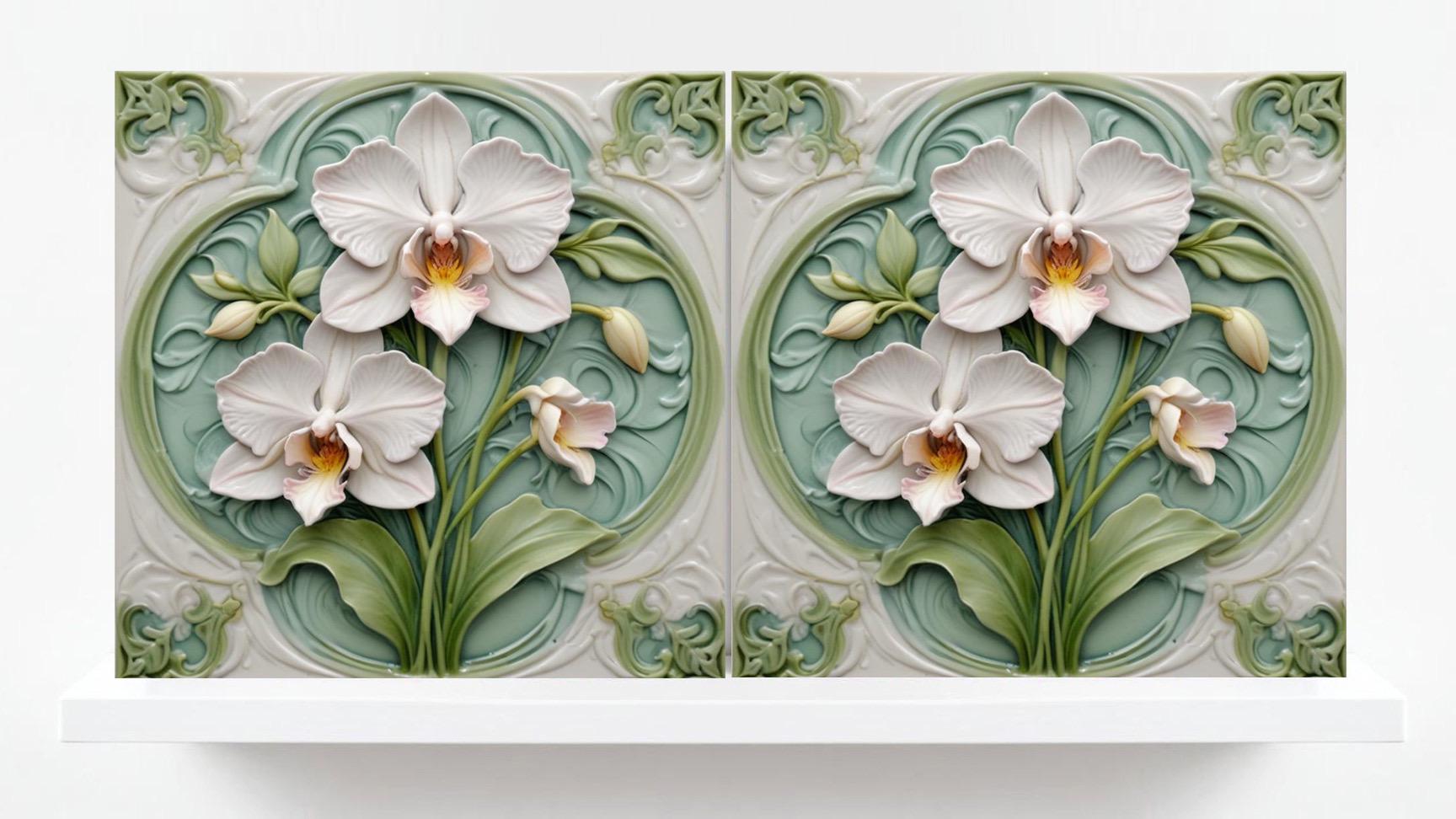 Art Nouveau Flower Ceramic tiles - Set of 2 Botanical Wall Decor Tiles - Kitchen Backsplash , Sink Splashback, Bathroom,Shower,Accent Wall
