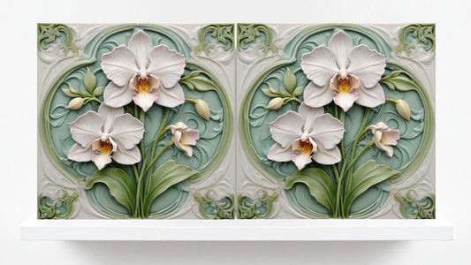 Art Nouveau Flower Ceramic tiles - Set of 2 Botanical Wall Decor Tiles - Kitchen Backsplash , Sink Splashback, Bathroom,Shower,Accent Wall
