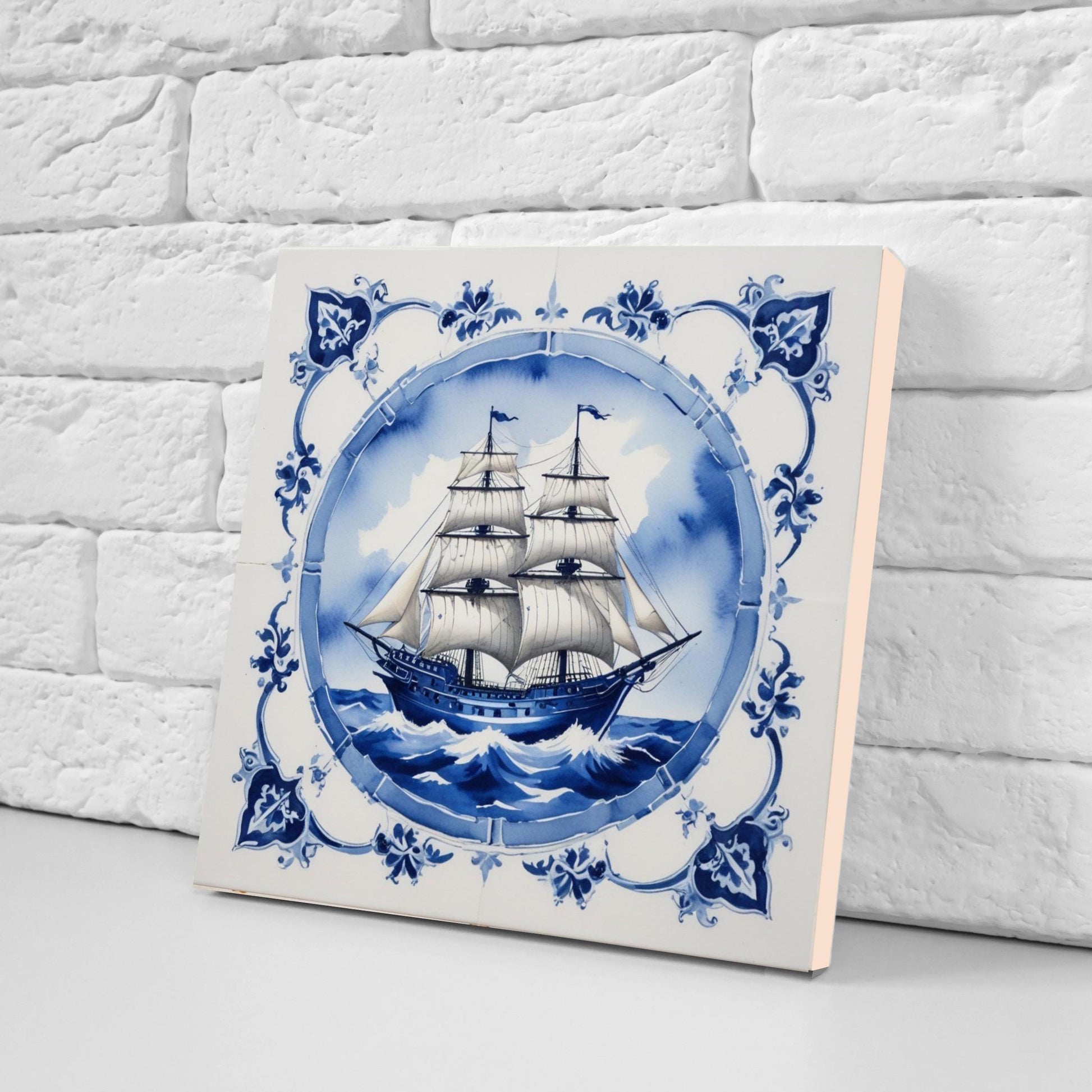 Delft Blue Ceramic Tile - Set of 2 Ceramic Delftware Tiles-Delft Tile with Ship - Delft Prints- Kitchen Backsplash,Sink,Bathroom,Shower Wall