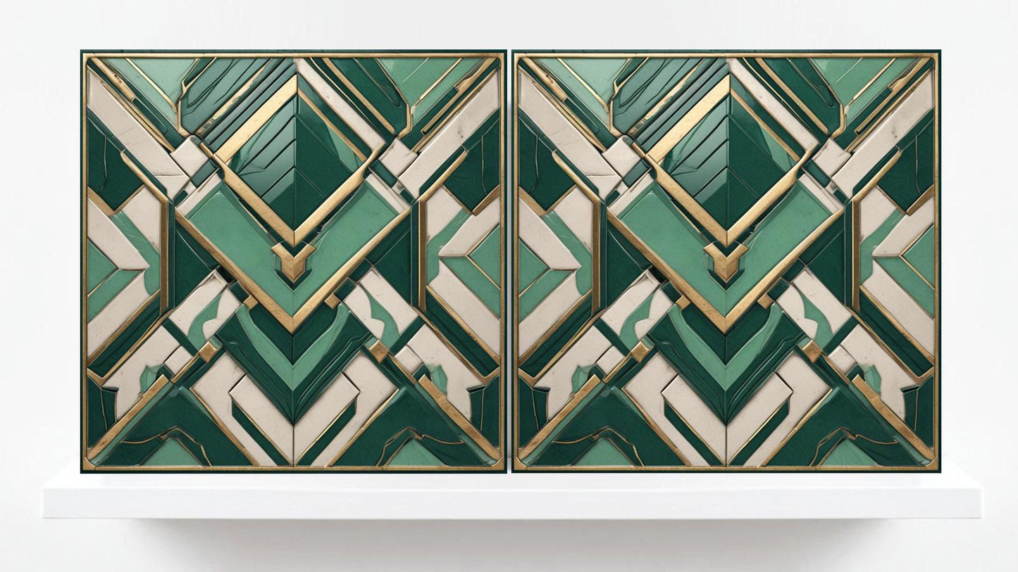 Art Deco Ceramic Tiles Green-Set of 2 Art Deco Wall Decor Geometric Tiles - Kitchen Backsplash Tiles, Shower Wall Tiles, Sink Bathroom Tiles