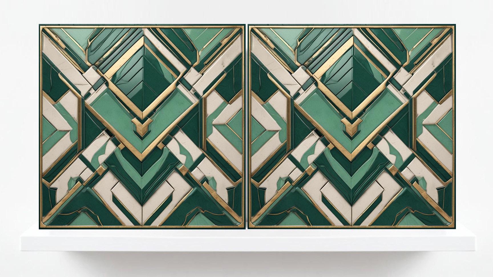 Art Deco Ceramic Tiles Green-Set of 2 Art Deco Wall Decor Geometric Tiles - Kitchen Backsplash Tiles, Shower Wall Tiles, Sink Bathroom Tiles