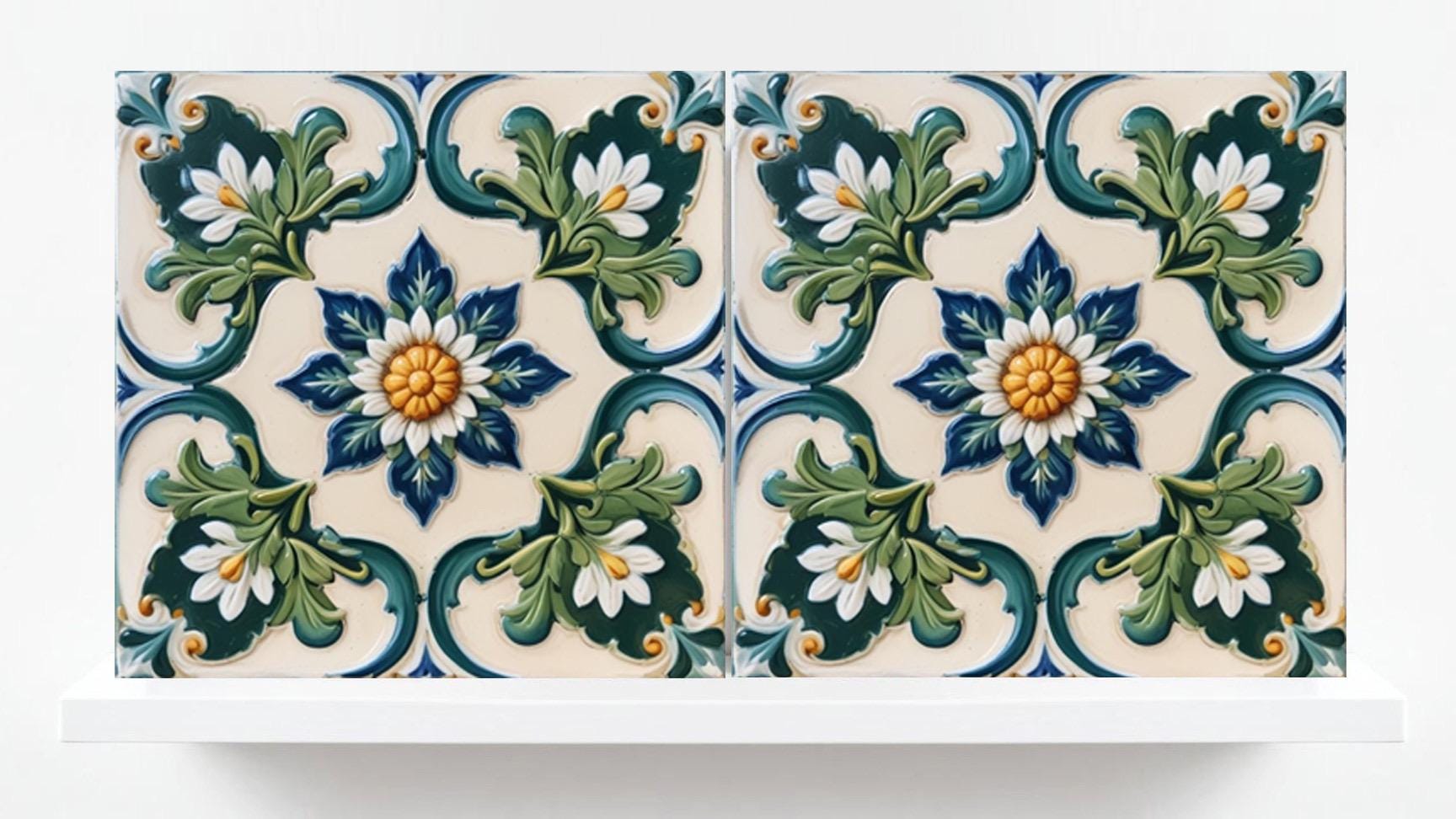 Italian Majolica Tiles Floral -Set of 2 Sicilian Wall Decor Tiles -Kitchen Backsplash Tiles, Table Decorative Tiles, Bathroom Tiles, Coaster
