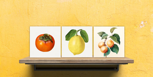 Vintage Fruit Print Ceramic Tiles - Set of 3 Ceramic Decor Tiles - Kitchen Backsplash Tiles, Bathroom Tiles, Fruit illustration print