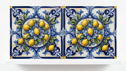 Italian Majolica Lemon Tiles - Set of 2 Mediterranean Wall Decor Tiles -Kitchen Backsplash,Shower Wall Art, Bathroom,Sink Splashback,Coaster