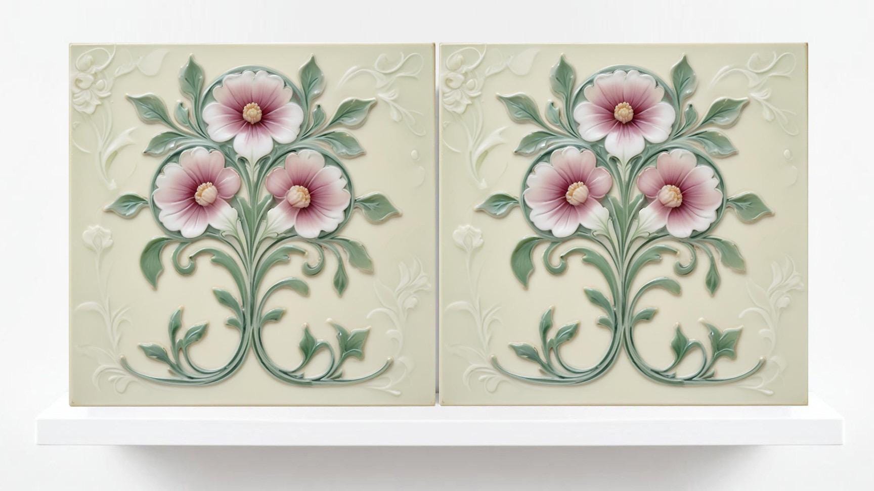 Art Nouveau Flower Ceramic Tiles - Set of 2 Botanical Wall Decor Tile - Kitchen Backsplash,Bathroom, Sink Splashback,Fireplace,Shower Wall