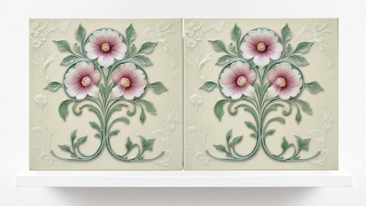 Art Nouveau Flower Ceramic Tiles - Set of 2 Botanical Wall Decor Tile - Kitchen Backsplash,Bathroom, Sink Splashback,Fireplace,Shower Wall