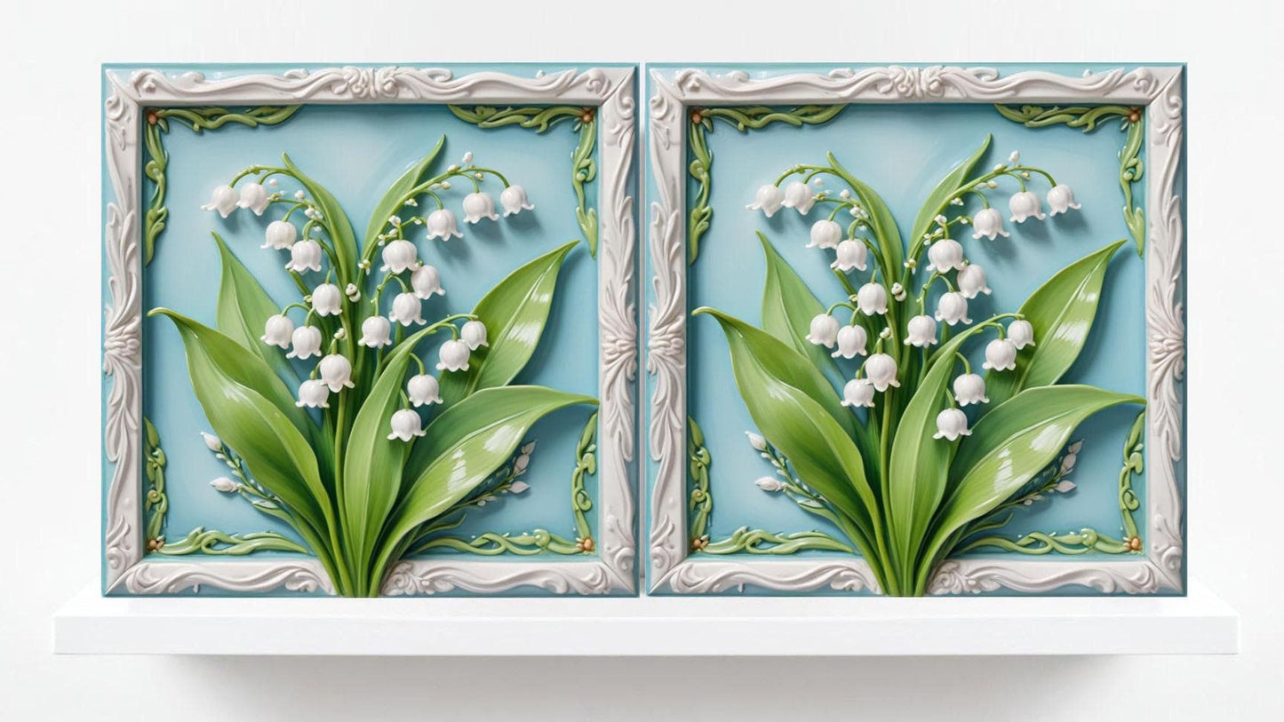 Lily of The Valley Tile Art Nouveau Flower Flat Print Ceramic Tiles - Set of 2 Art Nouveau Wall Decor - Kitchen Backsplash Tiles, Bathroom