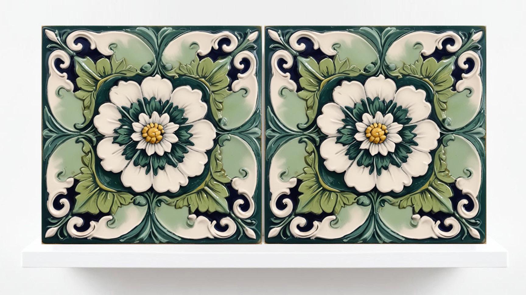 Italian Majolica Tiles Flower -Set of 2 Sicilian Wall Decor Tiles-Kitchen Backsplash Tiles, Sink Splashback,Bathroom,Shower Wall Art,Coaster