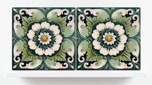 Italian Majolica Tiles Flower -Set of 2 Sicilian Wall Decor Tiles-Kitchen Backsplash Tiles, Sink Splashback,Bathroom,Shower Wall Art,Coaster