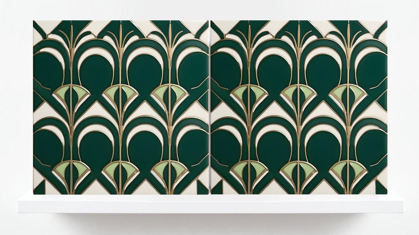 Art Deco Ceramic Tiles Green -Set of 2 Art Deco Wall Decor Geometric Tiles -Kitchen Backsplash Tiles, Shower Wall Tiles, Bathroom Sink Tiles