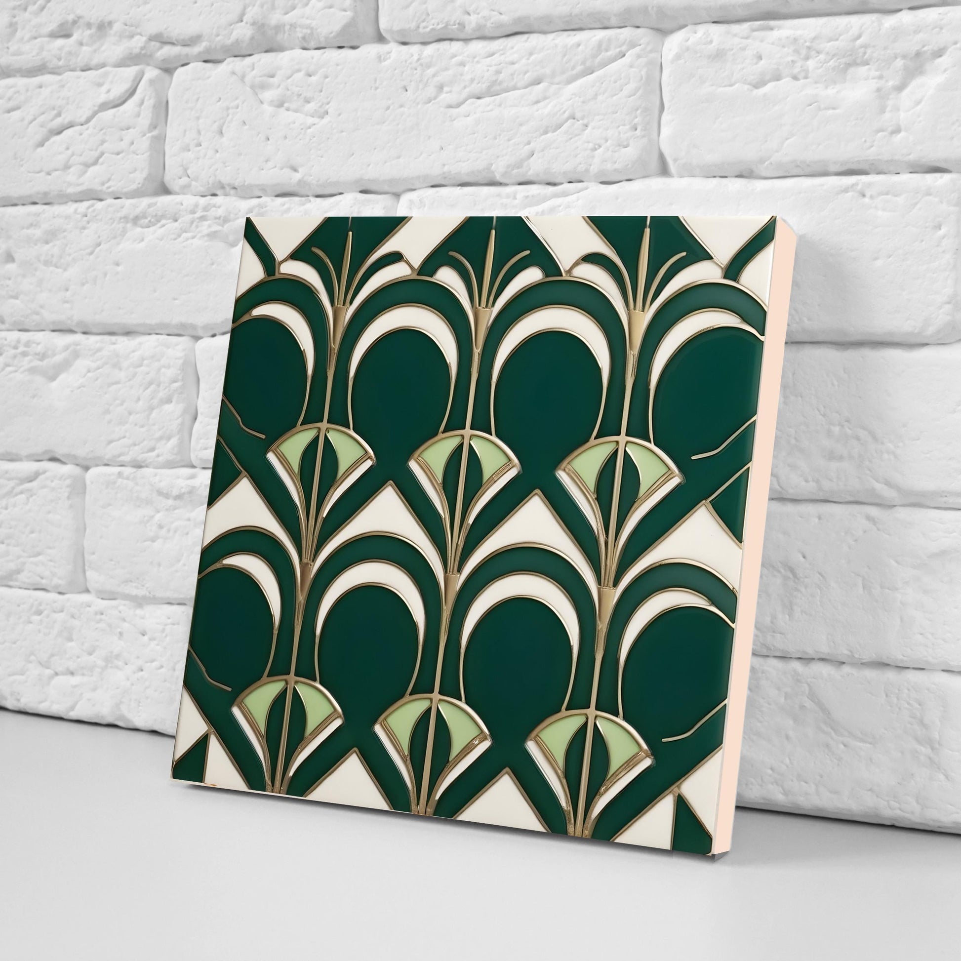 Art Deco Ceramic Tiles Green -Set of 2 Art Deco Wall Decor Geometric Tiles -Kitchen Backsplash Tiles, Shower Wall Tiles, Bathroom Sink Tiles