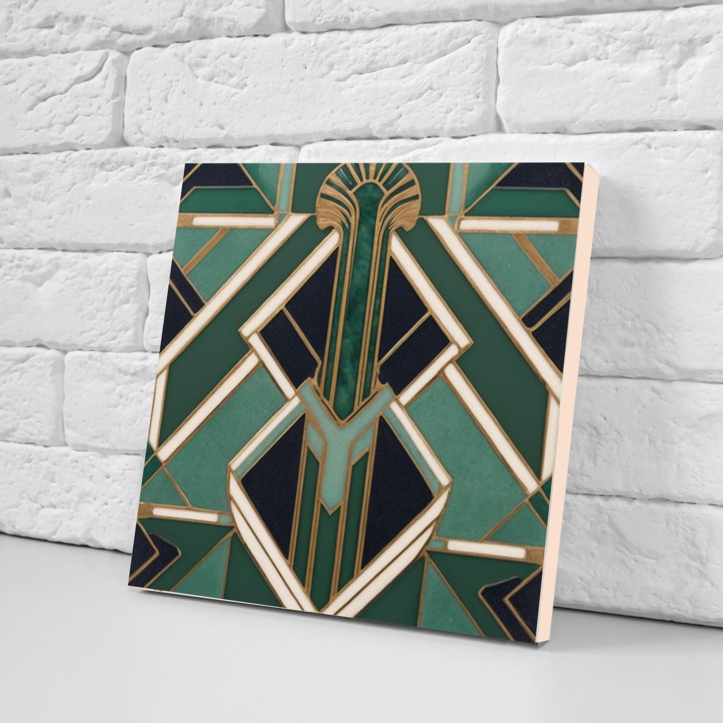 Art Deco Ceramic Tiles Green -Set of 2 Art Deco Wall Decor Geometric Tiles -Kitchen Backsplash Tiles, Shower Wall Tiles, Bathroom Sink Tiles