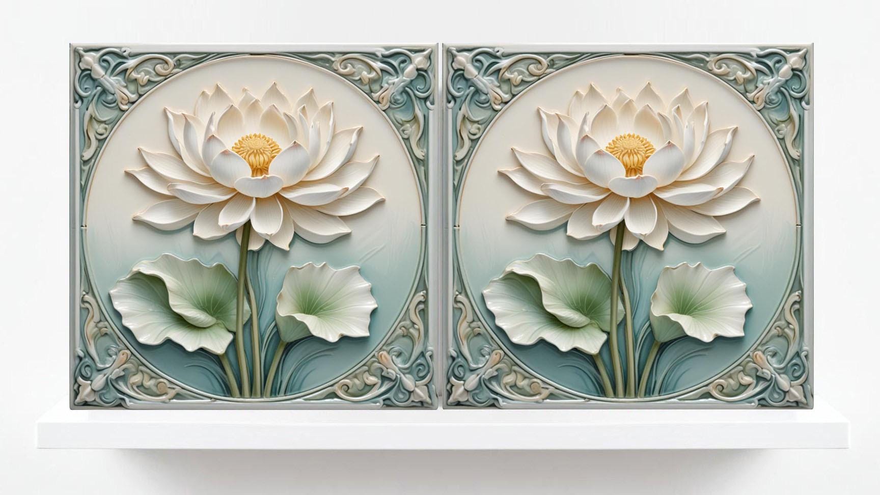 Lotus Tile Art Nouveau Flower Ceramic Tiles - Set of 2 Art Nouveau Wall Decor Tiles - Kitchen Backsplash Tiles, Shower Tiles, Bathroom Tiles