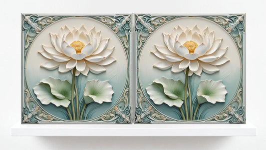 Lotus Tile Art Nouveau Flower Ceramic Tiles - Set of 2 Art Nouveau Wall Decor Tiles - Kitchen Backsplash Tiles, Shower Tiles, Bathroom Tiles