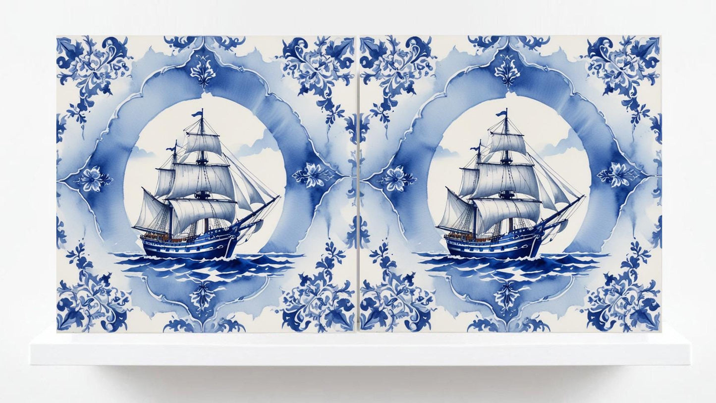 Delft Blue Ceramic Tile - Set of 2 Ceramic Delftware Tiles-Delft Tile with Ship - Delft Prints- Kitchen Backsplash,Sink,Bathroom,Shower Wall