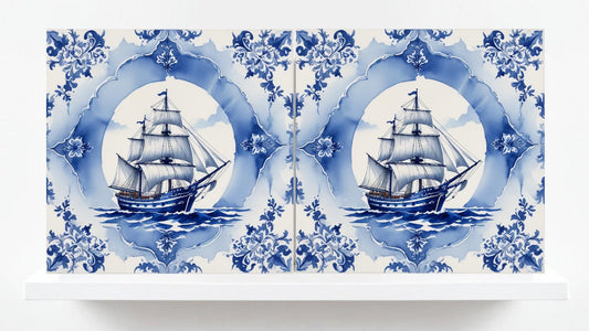 Delft Blue Ceramic Tile - Set of 2 Ceramic Delftware Tiles-Delft Tile with Ship - Delft Prints- Kitchen Backsplash,Sink,Bathroom,Shower Wall