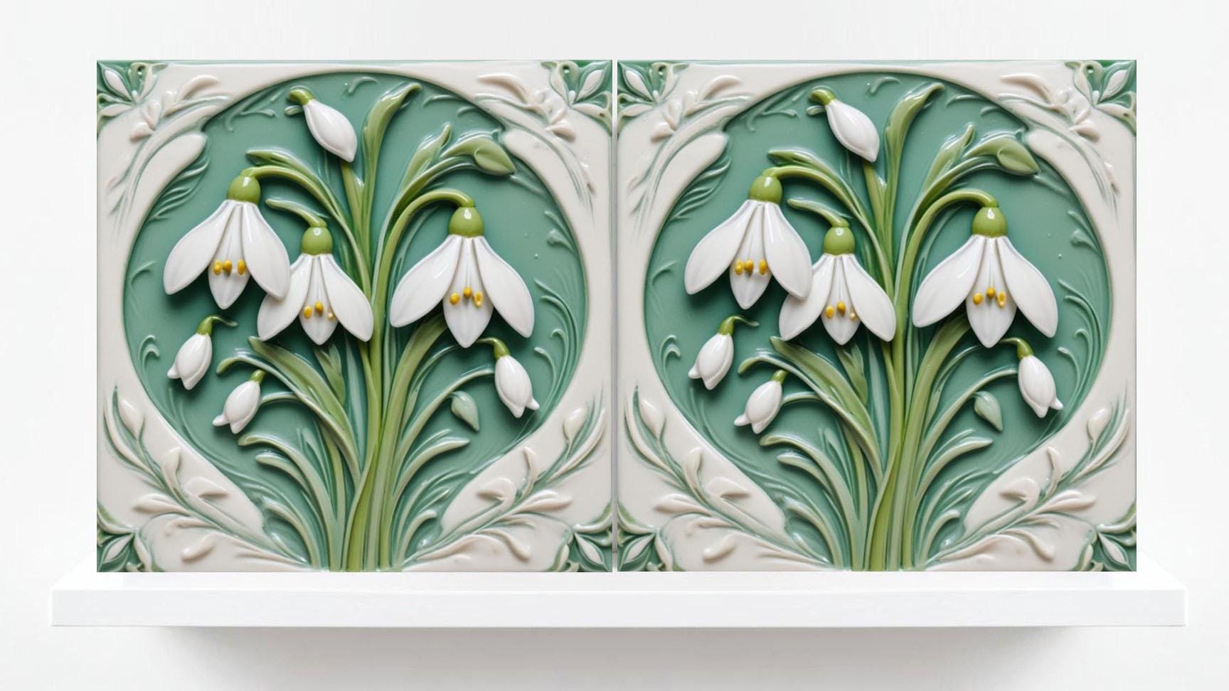Snowdrop Tile Botanical Print Flower Ceramic Tiles -Set of 2 Green Art Nouveau Wall Decor-Kitchen Backsplash Tiles,Bathroom,Shower Wall,Sink
