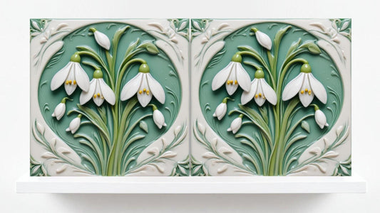 Snowdrop Tile Botanical Print Flower Ceramic Tiles -Set of 2 Green Art Nouveau Wall Decor-Kitchen Backsplash Tiles,Bathroom,Shower Wall,Sink