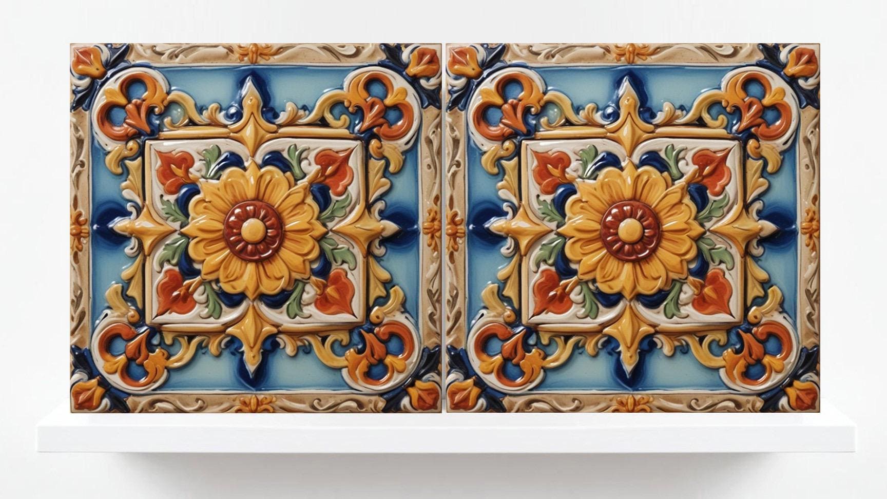Majolica Tiles - Set of 2 Sicilian Tiles Print Italian Tile Wall Decor - Kitchen Backsplash, Bathroom, Shower Wall, Sink Splashback, Coaster