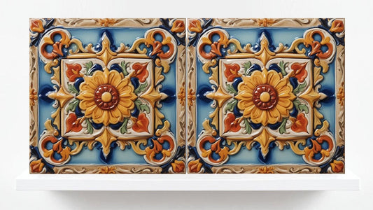 Majolica Tiles - Set of 2 Sicilian Tiles Print Italian Tile Wall Decor - Kitchen Backsplash, Bathroom, Shower Wall, Sink Splashback, Coaster