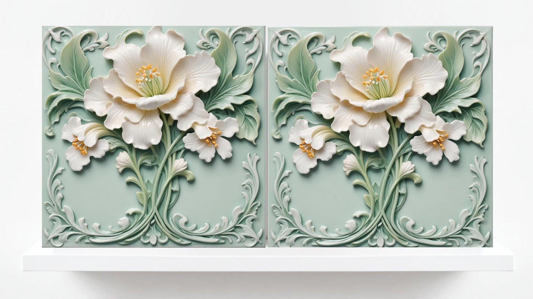 Art Nouveau Tile Rose Flower Ceramic Tiles - Set of 2 Art Nouveau Wall Decor Tiles -Kitchen Backsplash Tiles,Bathroom Tiles, Shower Wall Art