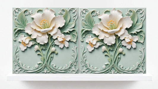 Art Nouveau Tile Rose Flower Ceramic Tiles - Set of 2 Art Nouveau Wall Decor Tiles -Kitchen Backsplash Tiles,Bathroom Tiles, Shower Wall Art