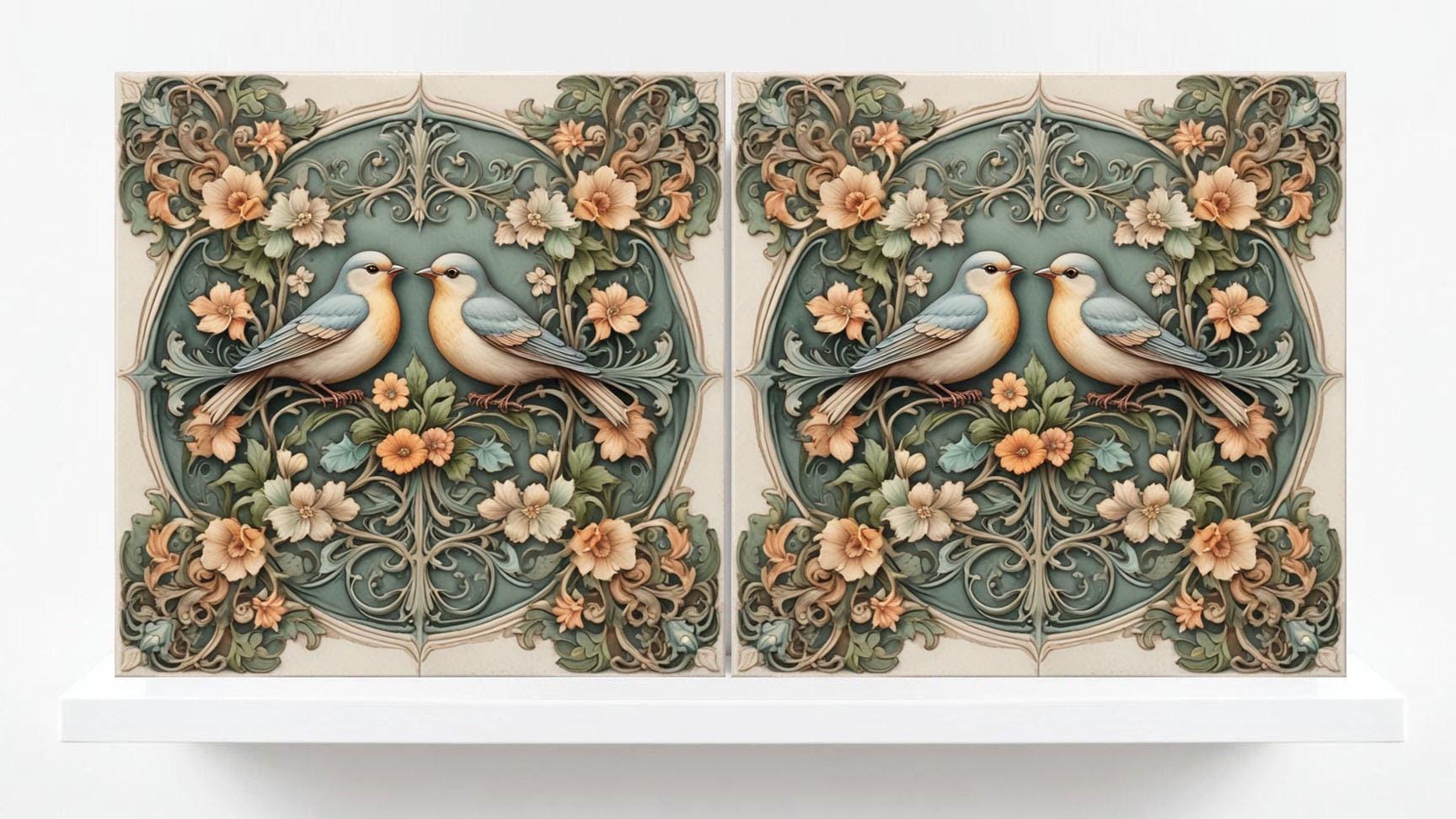 Art Nouveau Bird and Flower Ceramic tiles -Set of 2 Art Nouveau Bird Wall Decor Tiles,Bird Tiles -Kitchen Backsplash Tiles,Bathroom Tiles
