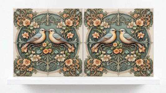 Art Nouveau Bird and Flower Ceramic tiles -Set of 2 Art Nouveau Bird Wall Decor Tiles,Bird Tiles -Kitchen Backsplash Tiles,Bathroom Tiles