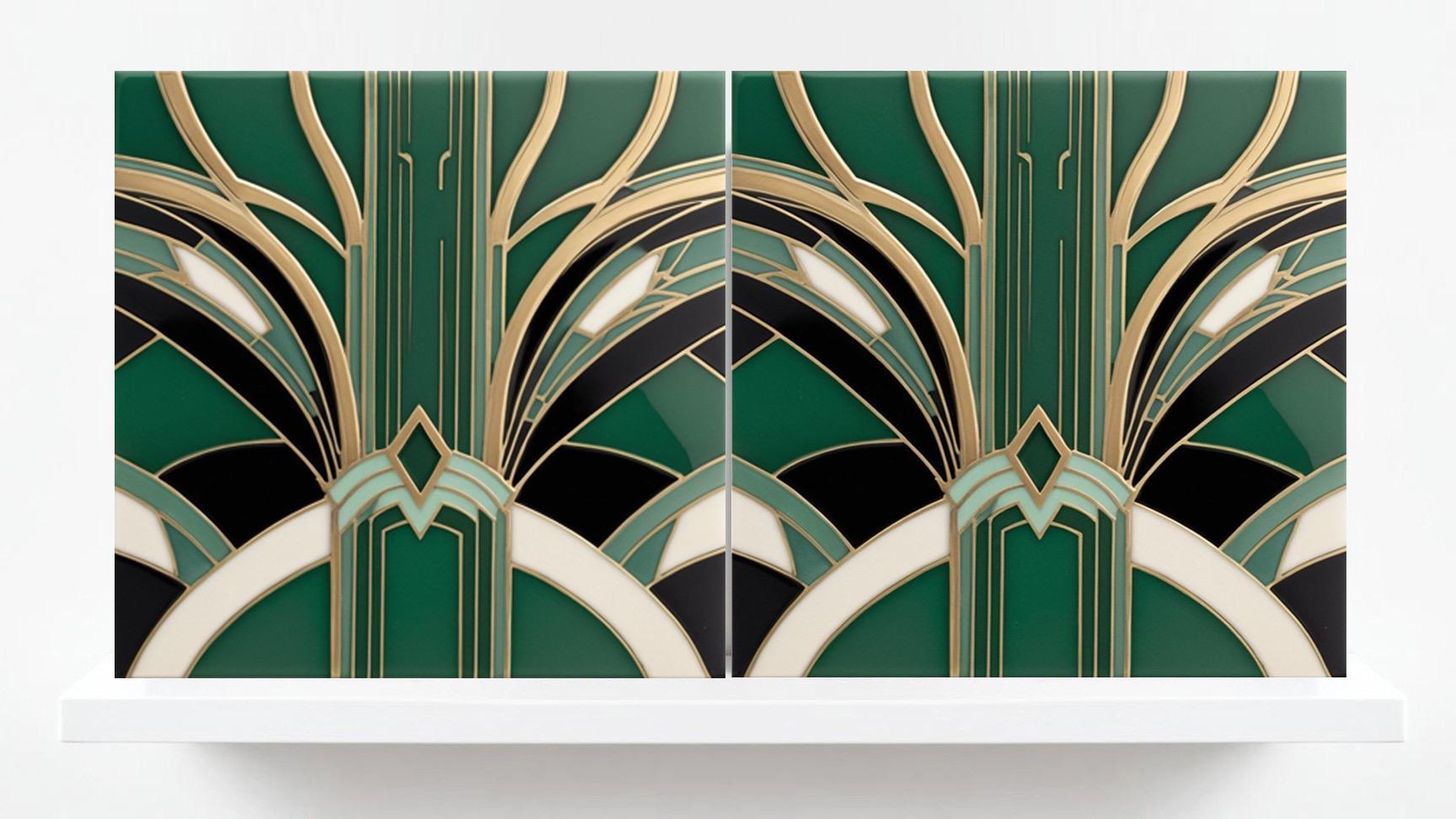 Art Deco Ceramic Tiles Green -Set of 2 Art Deco Wall Decor Geometric Tiles -Kitchen Backsplash Tiles, Shower Wall Tiles, Bathroom Sink Tiles