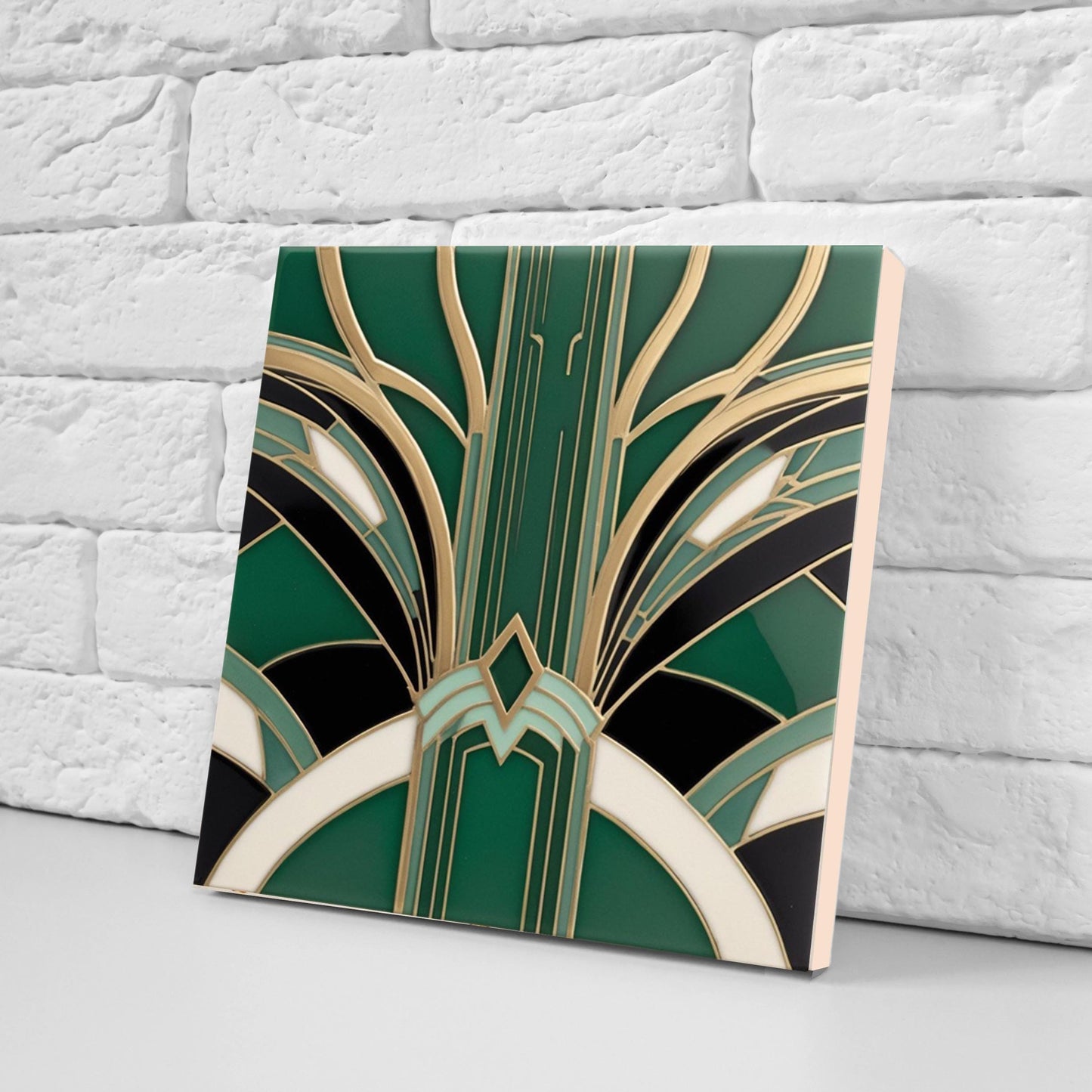 Art Deco Ceramic Tiles Green -Set of 2 Art Deco Wall Decor Geometric Tiles -Kitchen Backsplash Tiles, Shower Wall Tiles, Bathroom Sink Tiles